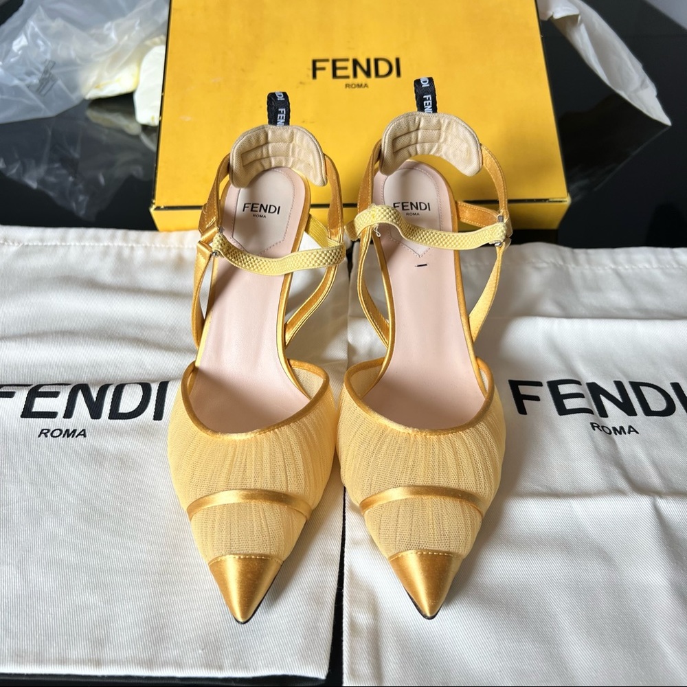 💯 Authentic New FENDI Tulle And Satin High-Heeled Slingbacks Sunflower Color - Picture 1 of 8